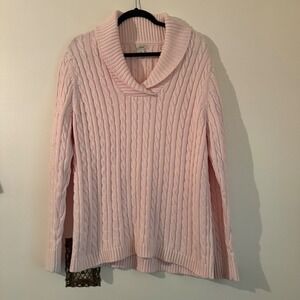 LL Bean Womens Cable Knit Cowl Neck Sweater Pink Size XL 100% Cotton
